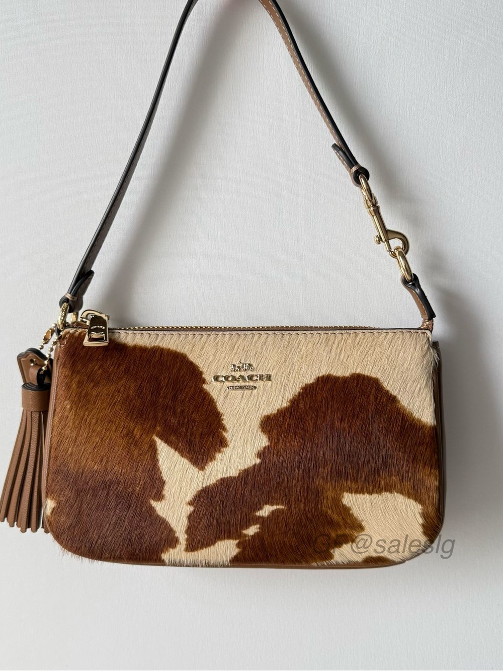 NWT Coach Nolita 19 Cow Print Haircalf Wristlet Pouch Cow CDW34 Gold/Tan Brown